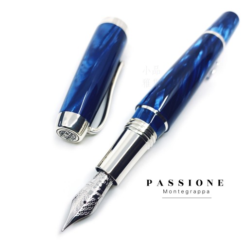 義大利 Montegrappa 萬特佳 PASSIONE 熱情系列 18K 賽璐璐純銀 鋼筆（藍色）