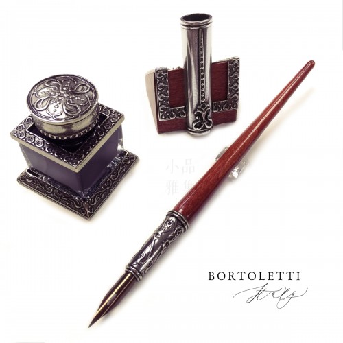 義大利 Bortoletti Set45 握位雕花木桿沾水筆+黑色墨水+木質筆座 組合