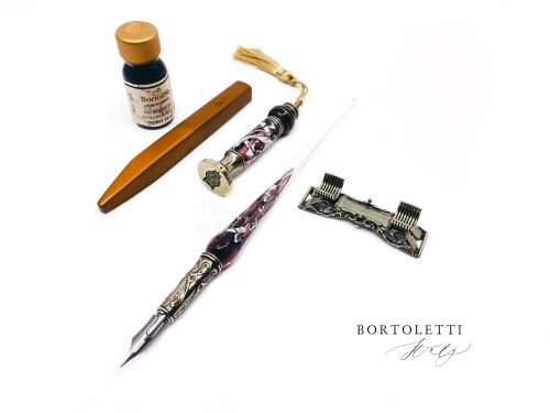 義大利 Bortoletti set73 玻璃筆桿沾水筆＋筆擱＋玻璃桿封印＋封蠟＋墨水組合